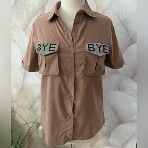 Embellished “BYE BYE” Button-Up Shirt – Size M